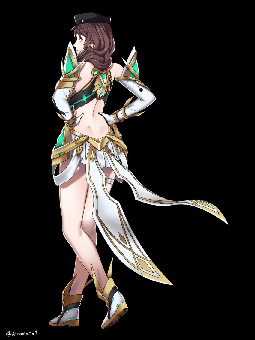 1girls alternate_costume atramada1 back backless_outfit bare_back bare_legs black_background breasts brown_hair cosplay crossover dorothea_arnault elbow_gloves female female_only fire_emblem fire_emblem:_three_houses gloves green_eyes hat legs looking_at_viewer looking_back medium_breasts mythra_(xenoblade)_(cosplay) nintendo pelvic_curtain smile solo xenoblade_(series) xenoblade_chronicles_2