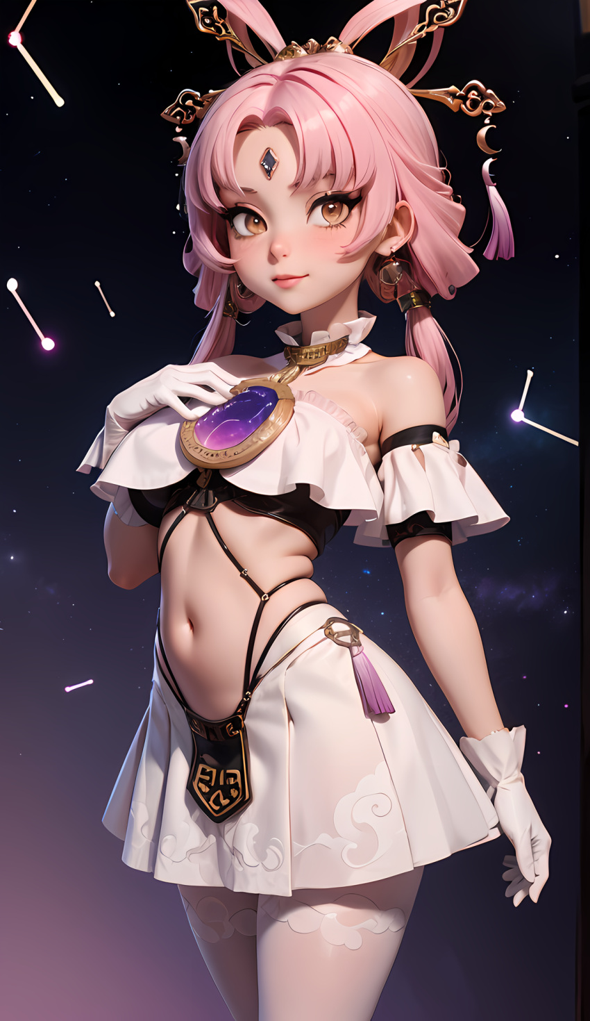 1girls ai_generated bare_midriff bare_shoulders blush constellation cortezian_generations crop_top female forehead_jewel fu_xuan_(honkai:_star_rail) gloves gold_eyes hair_ornament hairbow hi_res honkai:_star_rail honkai_(series) leash long_hair low_twintails night_sky patreon petite pink_hair skirt small_breasts smile solo stars stockings tassel thick_thighs thighs twintails young