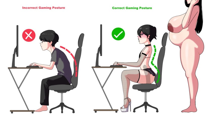 1boy 1girls armwear black_hair black_lipstick breasts chair choker clothing computer computer_keyboard computer_monitor correct_gaming_posture_(meme) desktop dildo dildo_in_ass dildo_sitting electronics english_text eyeshadow female femboy feminization fingerless_gloves fishnets gaming_chair gelatomusume girly high_heels human light-skinned_female light-skinned_male lipstick male meme millie_(gelatomusume) pale_skin piercing pregnant sitting skirt tagme text thighhighs valeria_(gelatomusume) wtf