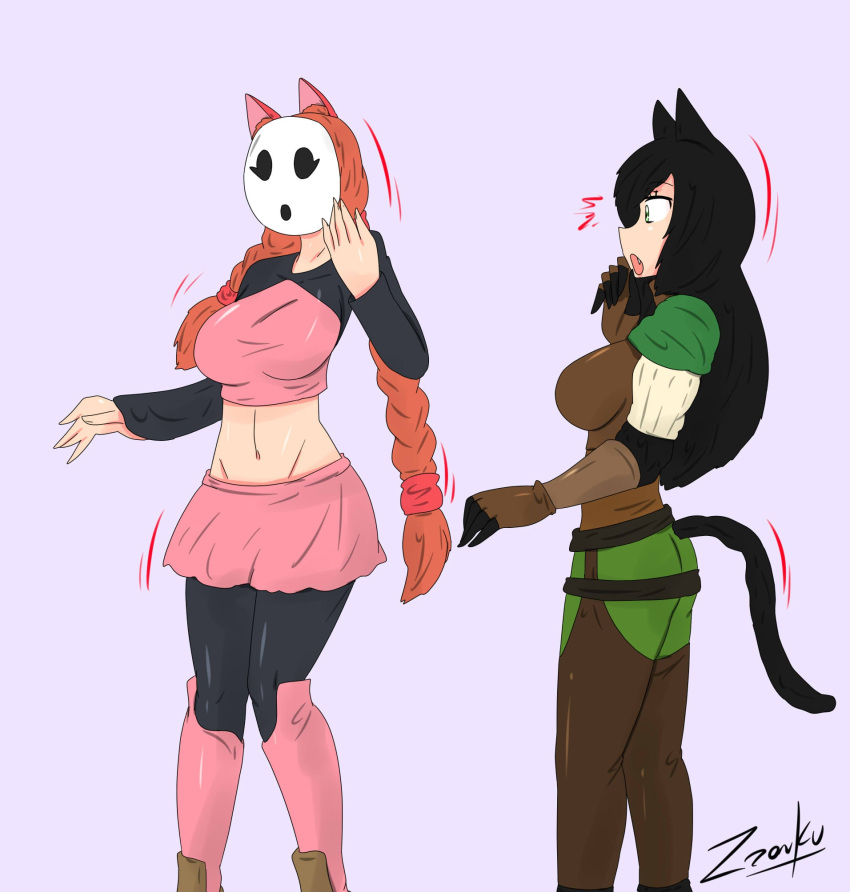 black_hair cat_ears cat_girl cat_tail female female_only femsub kya_(nazwa) mario_(series) mask mid-transformation multiple_girls nintendo orange_hair original shy_gal shygalization transformation viltai_(viltai) zronku