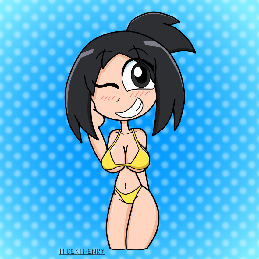 bikini black_eyes black_hair hideki(hideki_henry) hidekihenry original_character rule_63 swimsuit yellow_bikini