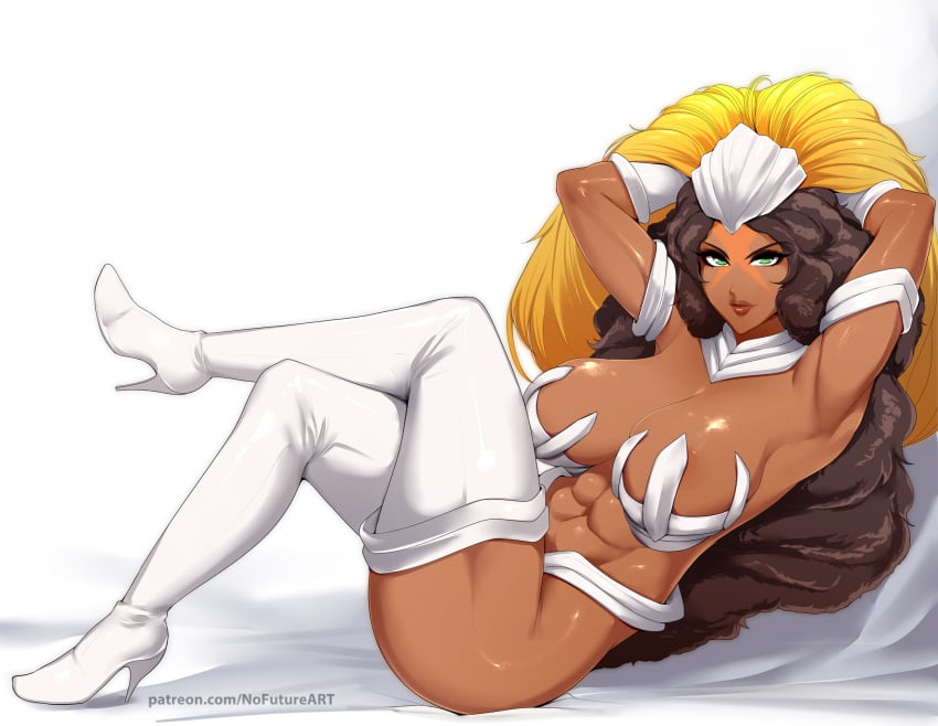 1girls 2024 abs bleach breasts brown_hair crossed_legs dark-skinned_female dark_skin female female_only fit fit_female green_eyes hands_behind_head hi_res high_heel_boots long_hair looking_at_viewer lying lying_on_back mila_rose nofuture solo