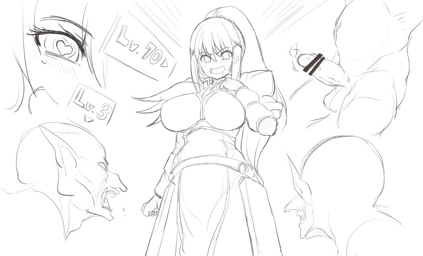 1girls big_breasts blonde_female blonde_hair clothing crusader darkness_(konosuba) dress female female_human female_warrior goblin goblin_male green_skin kono_subarashii_sekai_ni_shukufuku_wo! larger_female level_difference light-skinned_female long_hair male monochrome open_mouth penis pointy_ears size_difference smaller_male smile togariya