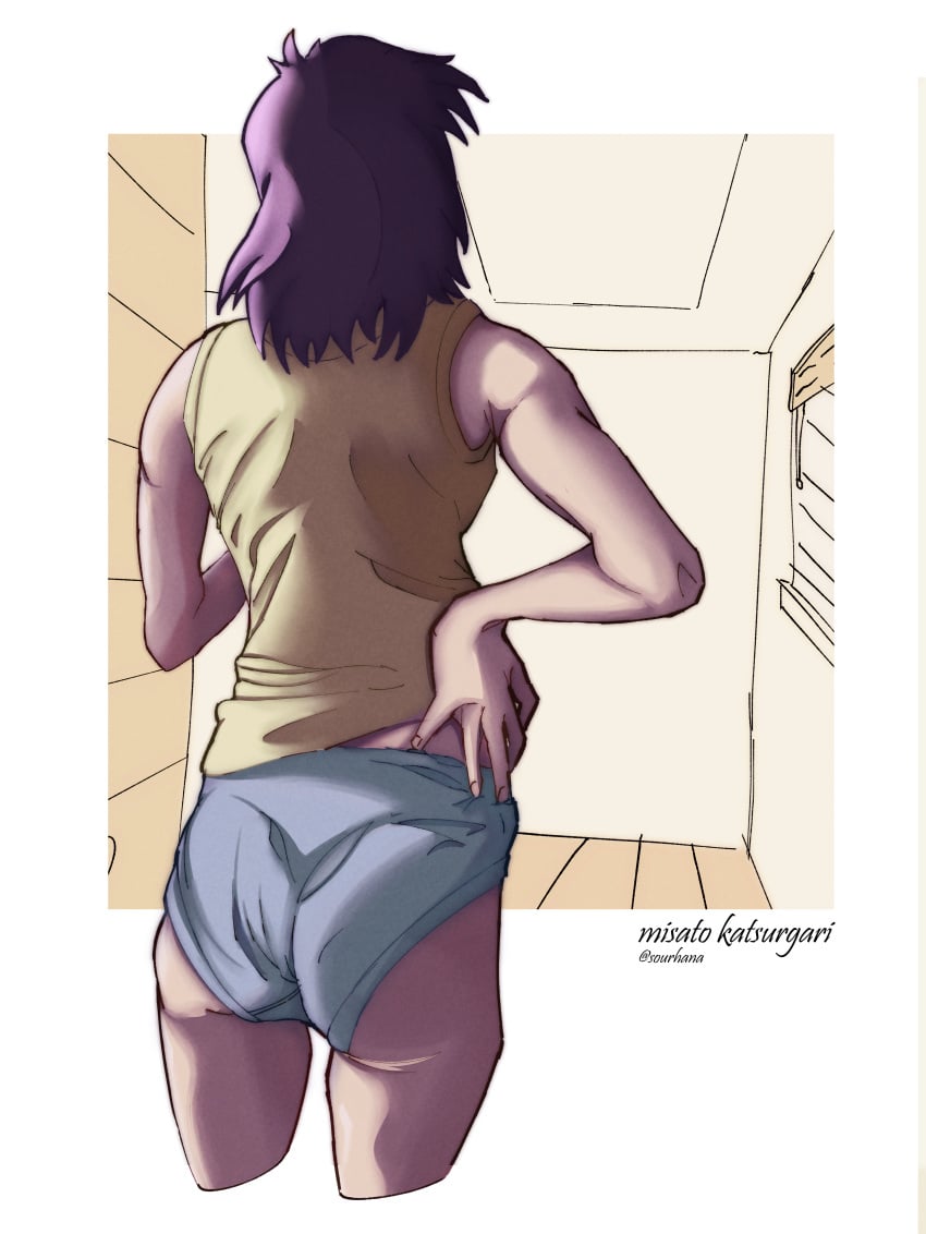 ass behind_view blue_panties hip_dips katsuragi_misato misato_katsuragi neon_genesis_evangelion neopn_genesis_evangelion purple_hair simple_background sourhana standing yellow_shirt