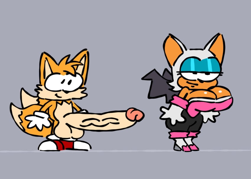 anthro big_balls big_breasts cleavage erection female furry huge_cock lanto male rouge_the_bat sega sonic_(series) sonic_the_hedgehog_(series) tails thelannia