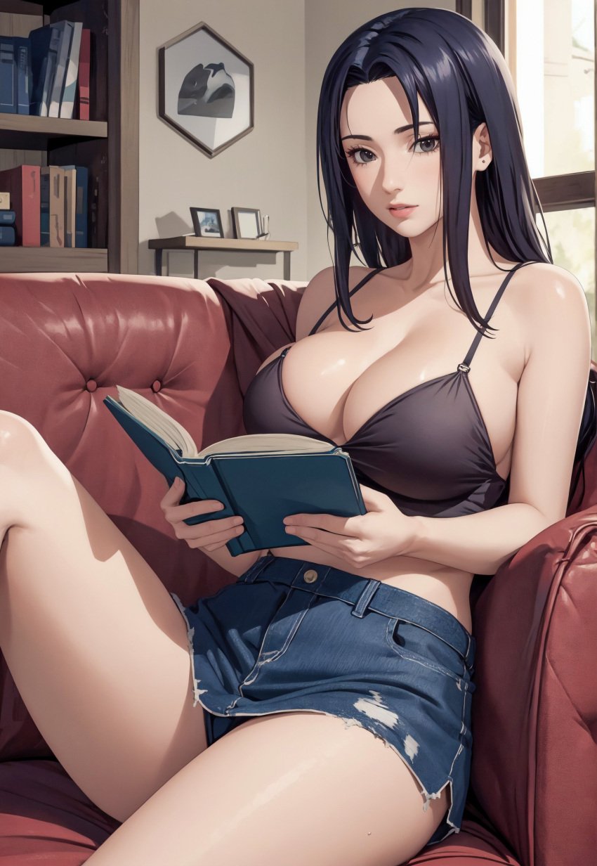 1girls ai_generated alex-schura bare_midriff bare_thighs big_breasts black_eyes black_hair book bottomwear bottomwear_only bra breasts cleavage couch denim denim_skirt female female_only half-dressed holding_book holding_object huge_breasts indoors light-skinned_female light_skin lipstick looking_at_viewer makeup mature mature_female midriff milf miniskirt mostly_nude nai_diffusion naruto naruto_(series) naruto_shippuden paipan pale-skinned_female pale_skin partially_clothed reading reading_book sitting sitting_on_couch skirt skirt_only solo solo_focus stable_diffusion thick_thighs thighs topless topless_female uchiha_mikoto very_long_hair