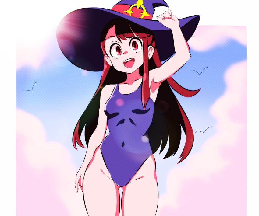 akko_kagari armpits atsuko_kagari b1iz4rd bare_arms bare_thighs breasts brown_hair happy kagari_atsuko little_witch_academia long_hair navel one-piece_swimsuit open_mouth petite_female red_eyes small_breasts smile swimsuit thick_thighs thigh_gap thighs tongue wide_hips wide_thighs witch_hat