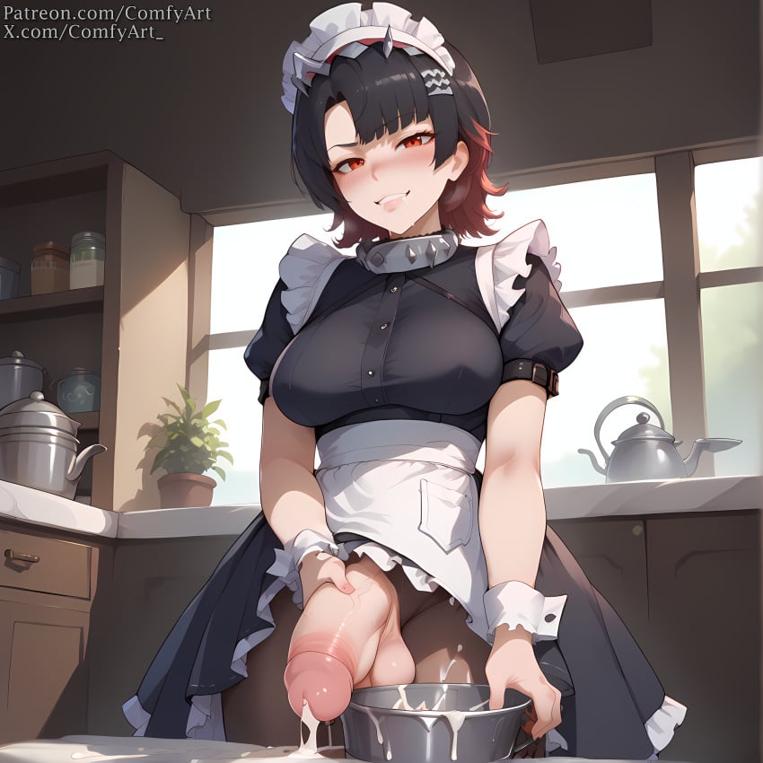 1futa ai_generated blush comfyart cum cum_in_container cum_on_table cum_spill ellen_joe futa_milking futanari hand_on_own_penis headdress kitchen large_penis looking_at_viewer maid medium_breasts milking multicolored_hair pantyhose red_eyes semi-erect solo stable_diffusion zenless_zone_zero