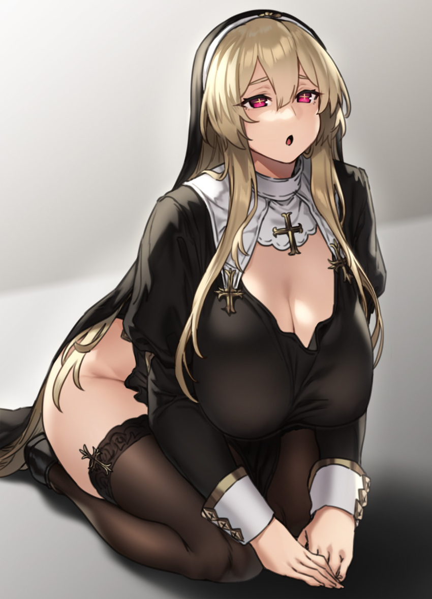 blonde_hair bottomless breasts cleavage clothed clothing cross headress houtengeki huge_breasts kneeling long_hair long_sleeves nun nun_outfit on_floor on_knees open_mouth red_eyes side_slit thick_thighs thighhighs thighs unusual_pupils