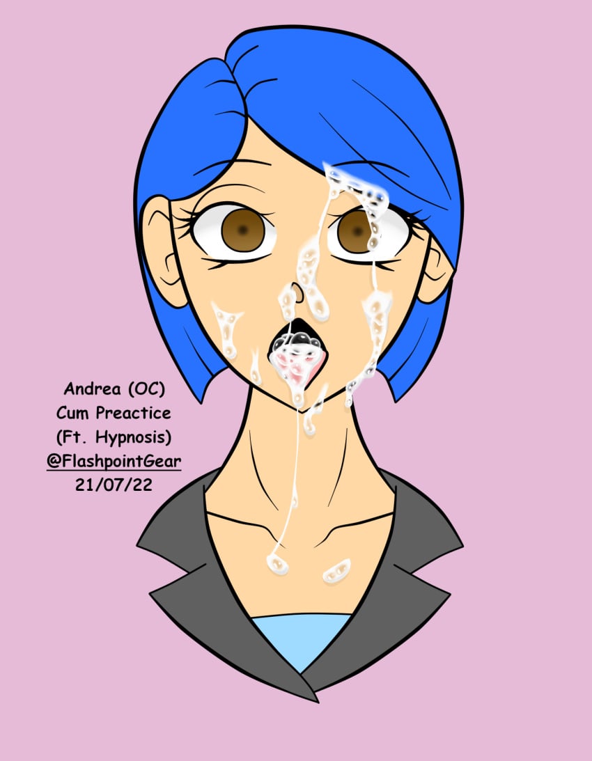 blue_hair brown_eyes bukkake business_suit business_woman cum cum_in_mouth cum_on_face empty_eyes expressionless femsub flashpoint_gear_(artist) hypnosis mature_female milf mind_control office_lady open_mouth semen standing