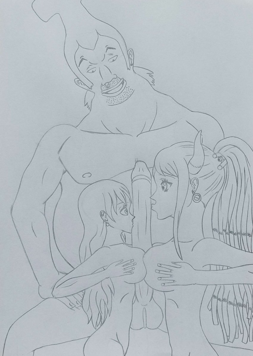 2girls1boy artist_request big_breasts big_penis double_boobjob drawn fat_man female foreplay kissing_penis male nami old_man one_piece paizuri post-timeskip request saint_charlos slave tall_male titfuck titjob villain yamato_(one_piece) younger_female