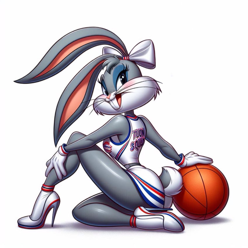 1girls after_transformation ai_generated anthro basketball bedroom_eyes bow bugs_bunny cheerleader edited female genderswap_(mtf) lagomorph looking_over_shoulder looney_tunes mtf_transformation rabbit rule_63 seductive_pose space_jam warner_brothers