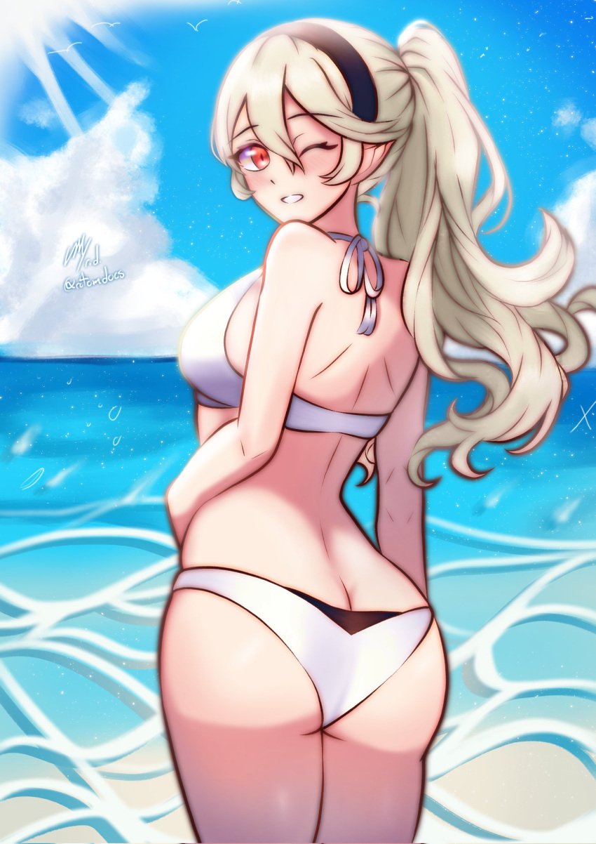 1girls :d alternate_costume alternate_hairstyle arms_at_sides ass ass_focus big_ass bikini black_hairband blonde_hair blue_sky caustics cloud corrin_(female)_(fire_emblem) corrin_(fire_emblem) corrin_(fire_emblem)_(female) cowboy_shot female female_only fire_emblem fire_emblem_fates from_behind grin hair_between_eyes hairband hand_on_own_stomach highres horizon legs_together looking_at_viewer median_furrow nintendo ocean one_eye_closed open_mouth ponytail red_eyes rotomdocs sidelocks signature sky smile solo swimsuit teeth thighs water white_bikini white_swimsuit