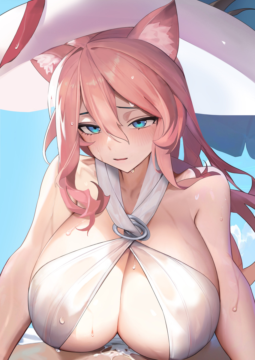 1girls 2024 animal_ears arknights artist_request beach big_breasts blue_eyes breasts cat_ears catgirl hat heidi_(arknights) hi_res kemonomimi large_breasts light-skinned_female light_skin outdoors pink_hair renleiwanyier solo solo_focus sweat sweatdrop swimsuit swimwear