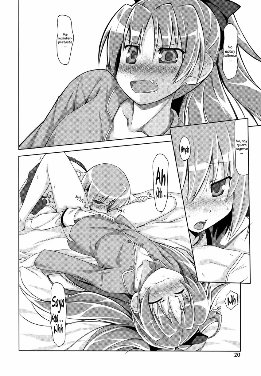 10s 2012 2girls black_and_white clothed_sex cunnilingus doujinshi female female_focus female_only licking licking_lips licking_pussy long_hair mahou_shoujo_madoka_magica miki_sayaka monochrome oral oral_sex page_20 page_number puella_magi_madoka_magica sakura_kyouko short_hair sinohara_sinome spanish_text spread_legs translation_request young yuri