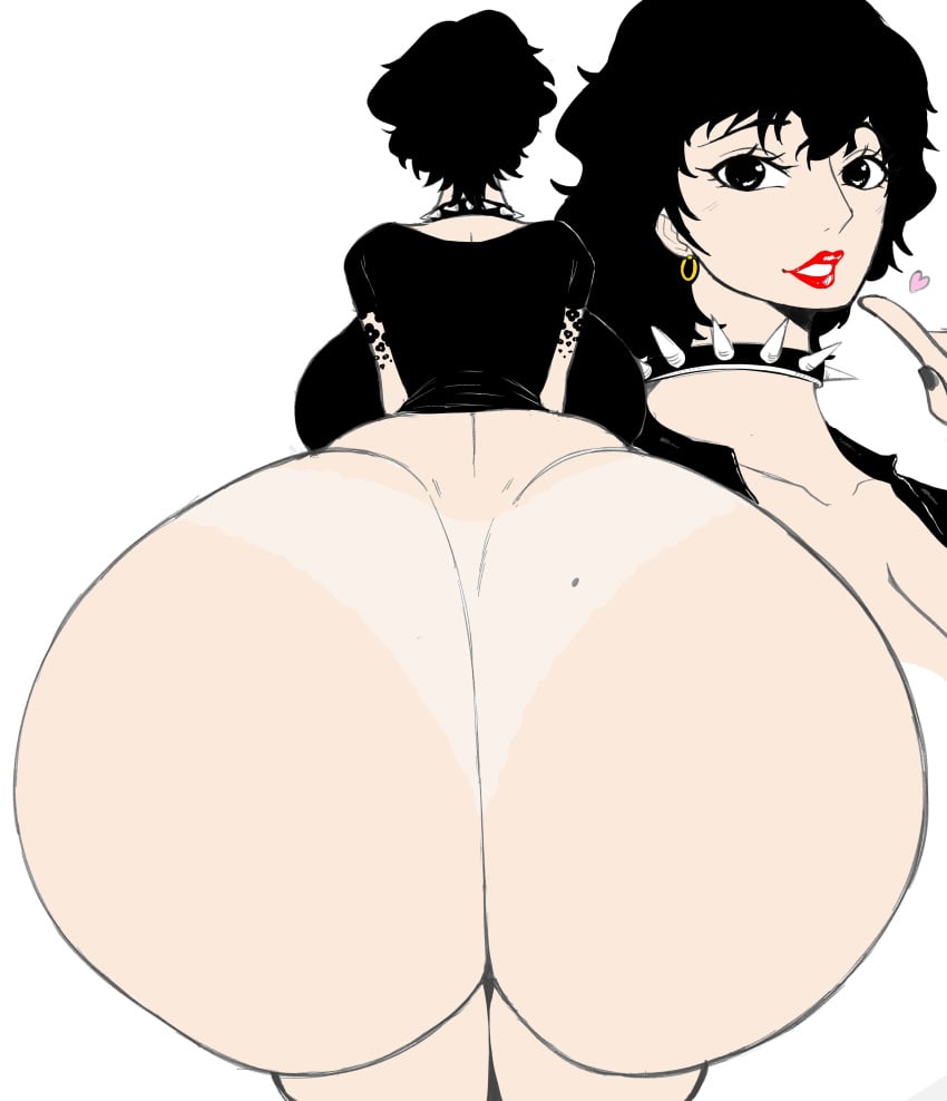 ass ass_focus ass_up asscheeks back_view barely_clothed big_ass big_breasts big_butt black_hair breasts breasts_bigger_than_head breasts_bigger_than_torso bubble_ass bubble_butt butt_focus choker colored dog_collar doll_(one_piece) ear_piercing earrings facing_away facing_viewer female female_focus female_only goth_girl lipstick marine_(one_piece) mole_on_ass one_piece pantylines round_ass round_breasts round_butt shirt thanuki thanukiart