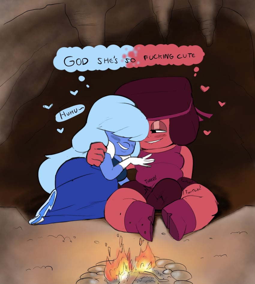 1futa 2girls afro blue_dress blue_hair blue_skin boots bulge_in_pants bulge_through_clothing campfire cartoon_network cave cuddling cyan_hair dialogue dickgirl female futanari gem_(species) growing_penis hair_over_eyes hand_on_shoulder headband headwear heart hearts holding holding_each_other long_hair oogabutt red_body red_skin ruby_(steven_universe) same_thought sapphire_(steven_universe) smile smiling stalactite steven_universe thought_bubble throbbing_penis white_gloves wholesome