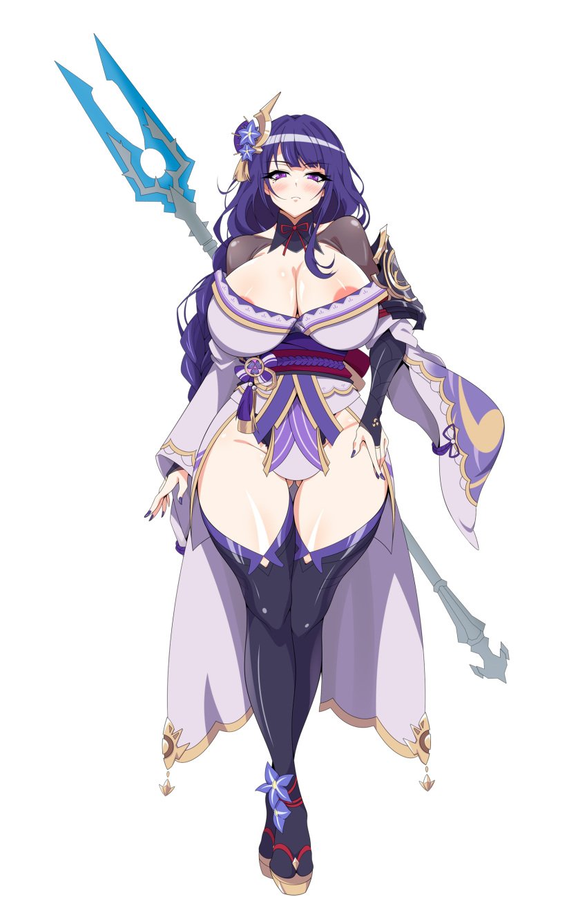 areola_slip areolae big_breasts breasts curvaceous curves curvy curvy_body curvy_female curvy_figure genshin_impact hair_ornament hips huge_breasts japanese_clothes japanese_clothing japanese_sandals kimono legs oguwooo polearm purple_eyes purple_hair raiden_shogun thick_legs thick_thighs thigh_highs thighhighs thighs weapon white_background wide_hips