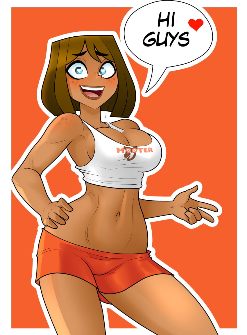 1girls breasts brown_hair busty cleavage courtney_(tdi) english_text heart-shaped_pupils heart_eyes hooters hooters_uniform navel rodjim short_hair solo solo_female solo_focus total_drama_(series) total_drama_island