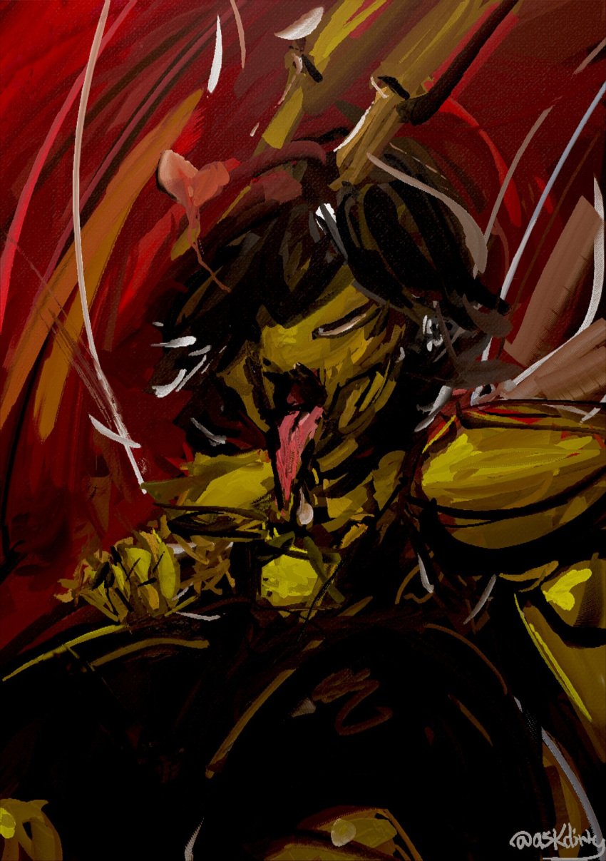 abstract_art antenae anthro arthropod big_breasts black_body black_hair breasts bust_portrait digital_media_(artwork) digital_painting_(artwork) dirtyscoundrel female hair hand_on_breast hi_res huge_breasts hymenopteran hyper hyper_breasts insect_wings insects mandibles no_pupils nude open_mouth painting_(artwork) portrait signature simple_background solo text tongue tongue_out traditional_media_(artwork) wasp white_eyes wings yuki_(dirtyscoundrel)