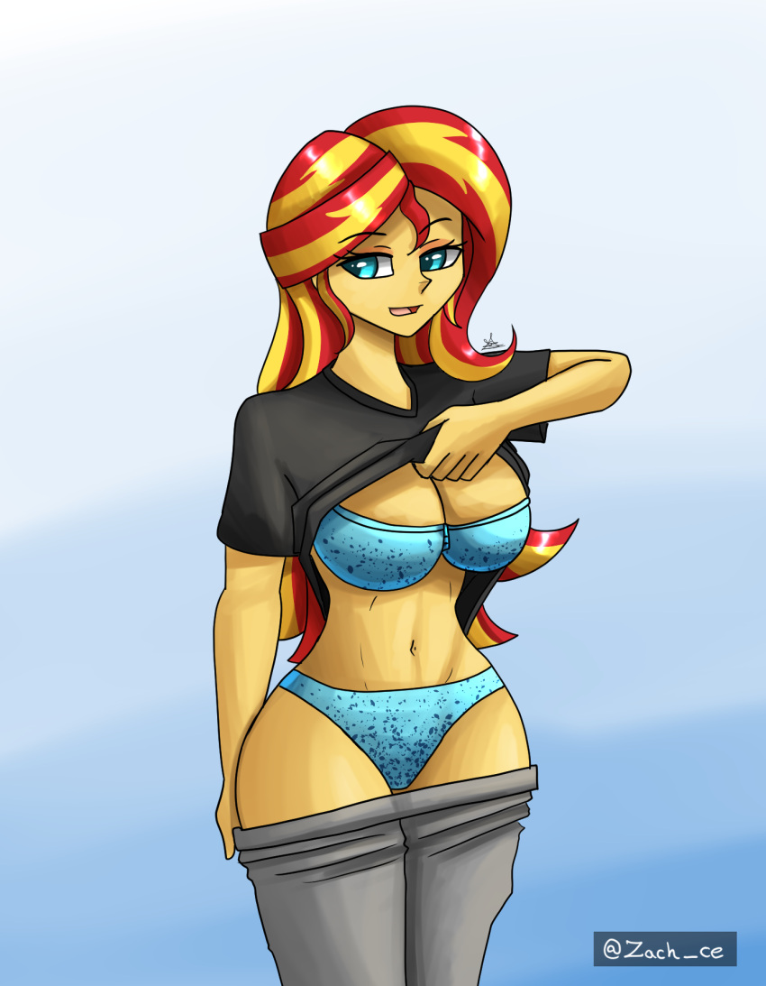 1girls big_breasts bra breasts cleavage equestria_girls female female_only friendship_is_magic hasbro my_little_pony navel panties shirt_lift solo solo_female sunset_shimmer turquoise_bra turquoise_panties underwear zachc