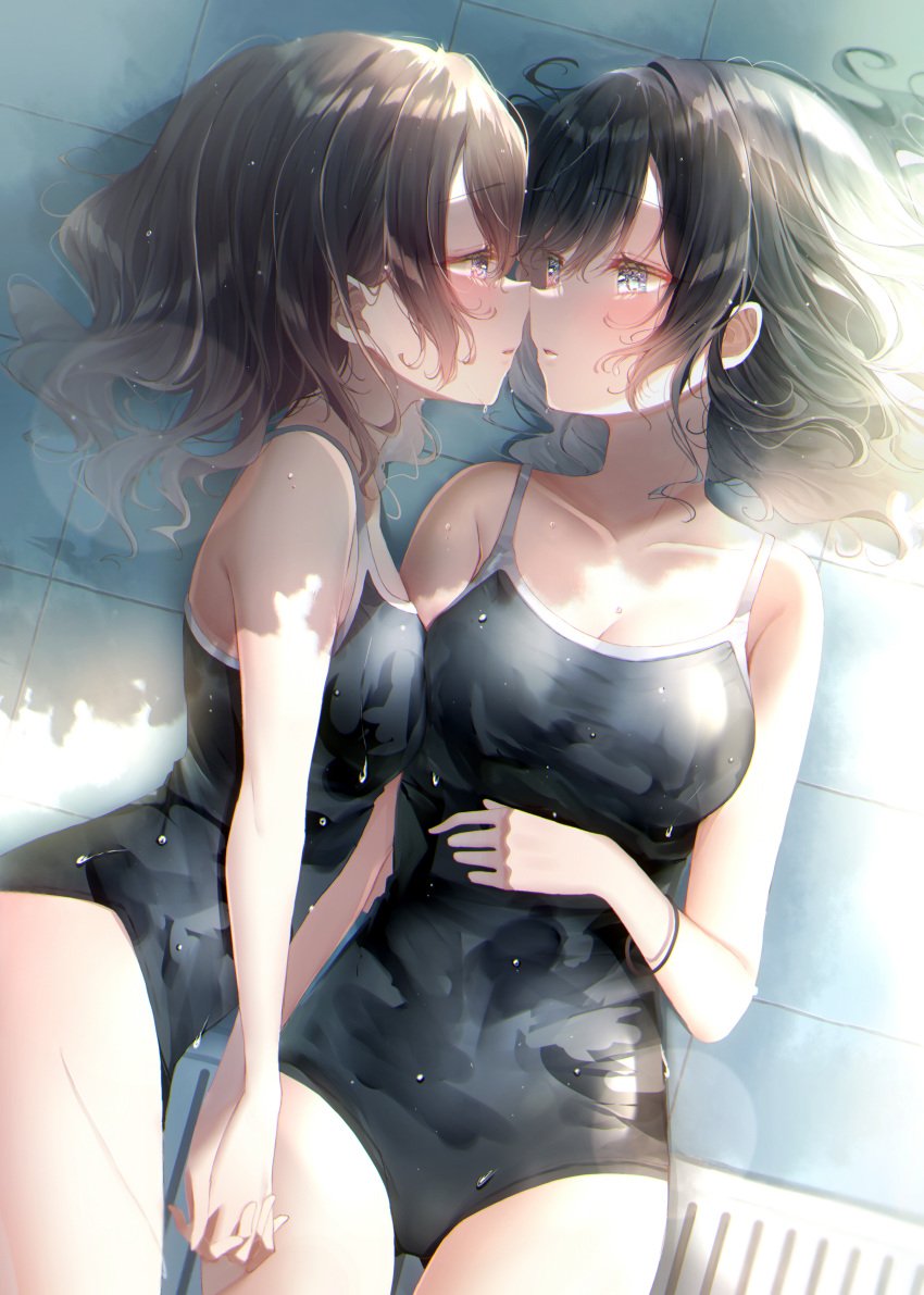 2girls black_hair black_one-piece_swimsuit black_swimsuit blue_eyes bracelet breasts brown_hair competition_school_swimsuit competition_swimsuit drain holding_hands imminent_kiss large_breasts long_hair lying_on_floor medium_hair one-piece_swimsuit original school_swimsuit swimsuit tile_floor touki_matsuri yuri