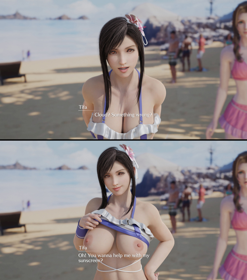 3d aerith_gainsborough aerith_gainsborough_(pink_mermaid) areolae beach big_breasts bikini black_hair breasts breasts_out busty cloud_strife comic english_text female female_only final_fantasy final_fantasy_vii final_fantasy_vii_remake flashing flashing_breasts hourglass_figure large_breasts long_hair nipples quick_e red_eyes tagme text tifa_lockhart tifa_lockhart_(shining_spirit) wide_hips