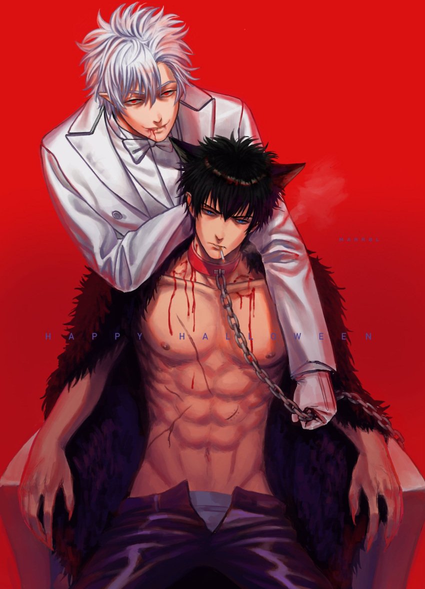 2boys alternate_costume bite_mark bite_marks black_hair blood blue_eyes chain_leash chains cigarette collar fur_cape gay gintama gintoki_sakata halloween halloween_costume hijikata_toshiro looking_at_viewer male male_only marrbl open_pants pecs pointy_ears red_background red_eyes scars sharp_fingernails smoking suit toned toned_male topless_male vampire_costume werewolf werewolf_costume white_hair yaoi