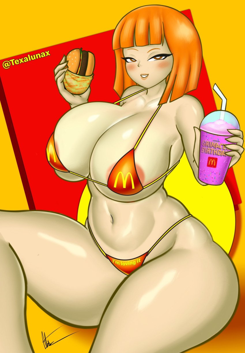 asain big_breasts bikini curvy_figure grimace_shake half_naked mcdonald's mom_(japanese_mcdonald's_commercial) nsfwtalex orange_hair texalunax thick_thighs yoru_mac