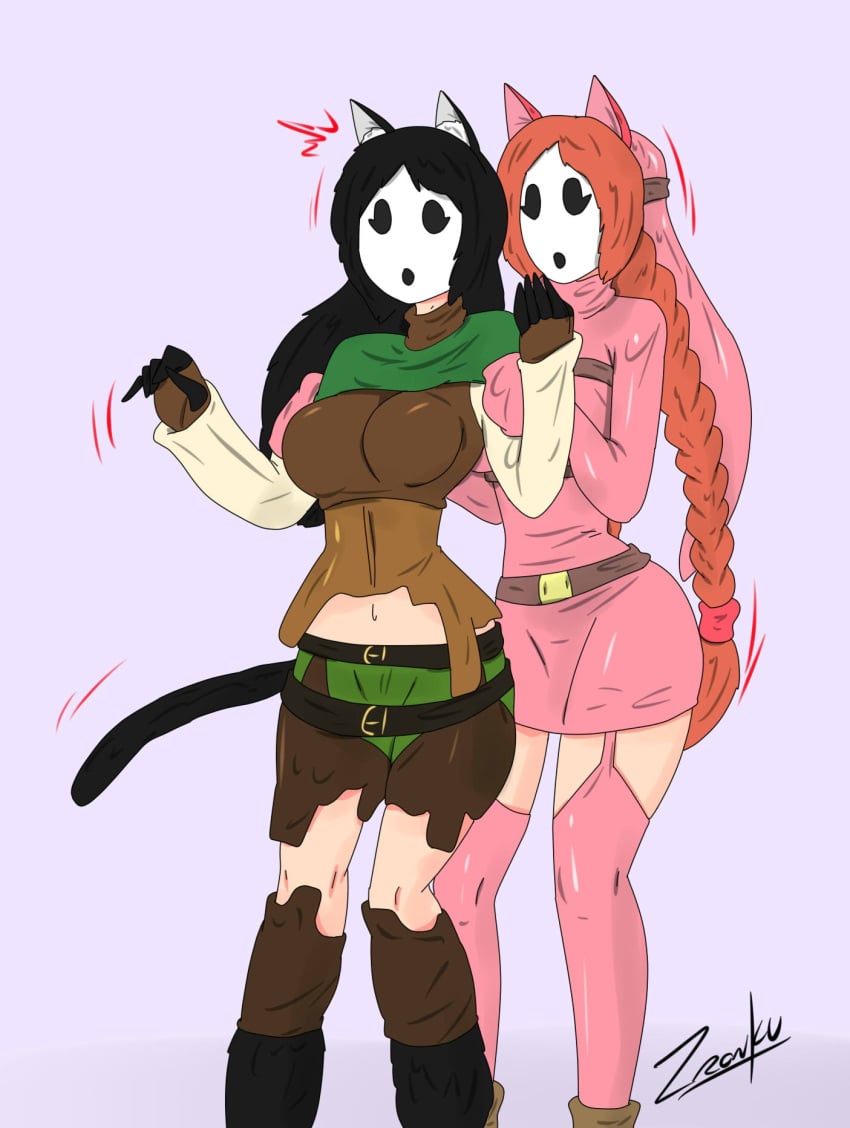 black_hair cat_ears cat_girl cat_tail female female_only femdom femsub hypnotized_hypnotist kya_(nazwa) mario_(series) mask multiple_girls nintendo orange_hair original pre-transformation shy_gal shygalization transformation viltai_(viltai) zronku