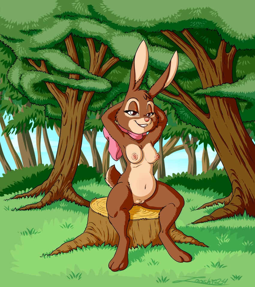 absurd_res anthro breasts cadbury cadbury_bunny day female flirting forest genitals hi_res lagomorph leporid mammal mascot medium_breasts nipples nude pink_nipples plant pussy rabbit slightly_chubby smile solo spread_legs spreading tree zooshi