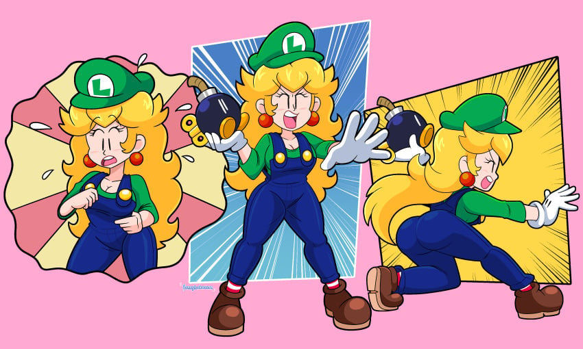 bob-omb boots breasts edit edited funnyhoohooman hat luigi_(cosplay) mario_(series) nintendo overalls princess princess_peach tagme thighs