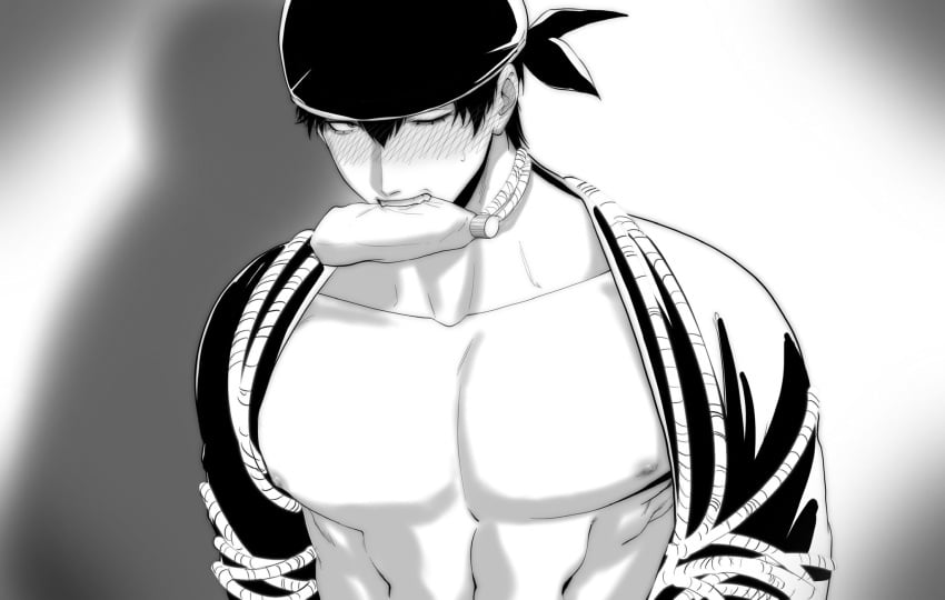 awu925925 bandana big_pecs blush bondage gintama hijikata_toshiro male male_only mayonnaise monochrome muscular object_in_mouth one_eye_closed one_piece open_clothes parody pecs restrained rope rope_bondage roronoa_zoro roronoa_zoro_(cosplay) solo toned toned_male upper_body voice_actor_connection