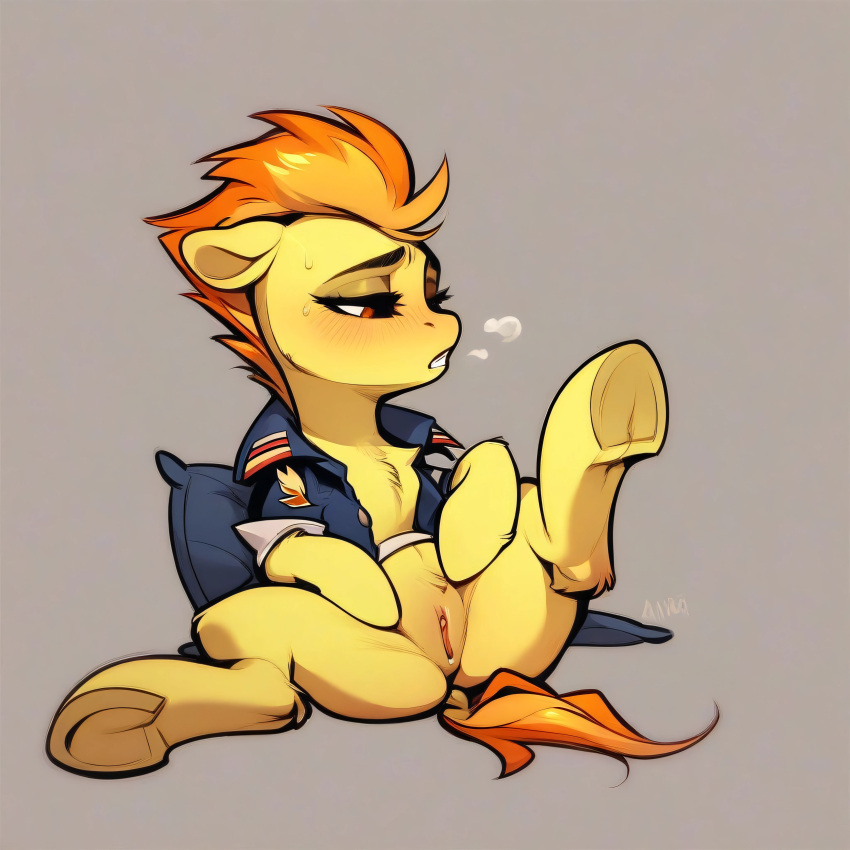 ai_generated equid equine friendship_is_magic hasbro mammal my_little_pony pegasus pink_hair spitfire_(mlp) wonderbolts_uniform yellow_body yellow_fur