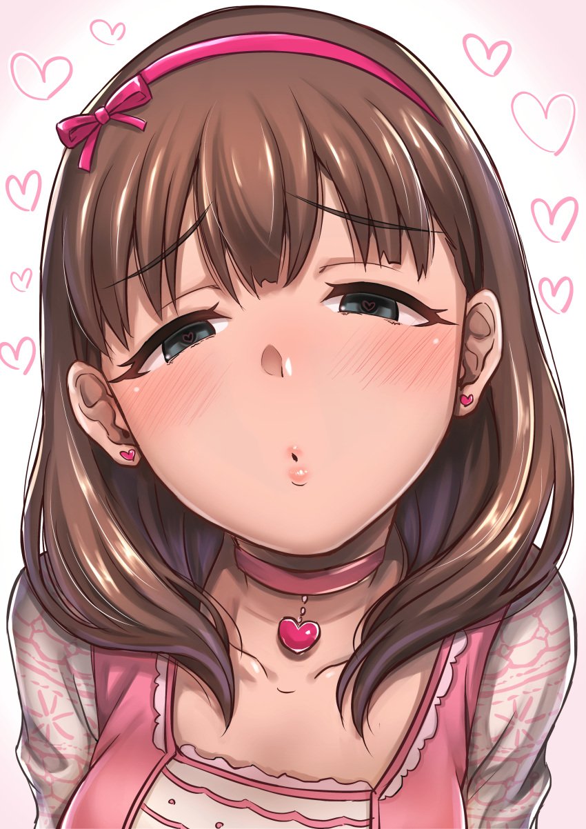 1girls :o alternate_version_available blue_eyes blush blush_lines blushing blushing_at_viewer breasts brown_hair eyebrows_visible_through_hair female food fully_clothed hairband half-closed_eyes heart heart-shaped_pupils highres i_am_homeko idolmaster idolmaster_cinderella_girls lips long_hair looking_at_viewer looking_up medium_breasts mouth_hold pink_hairband pink_ribbon pocky pocky_day pov ribbon sakuma_mayu solo symbol-shaped_pupils