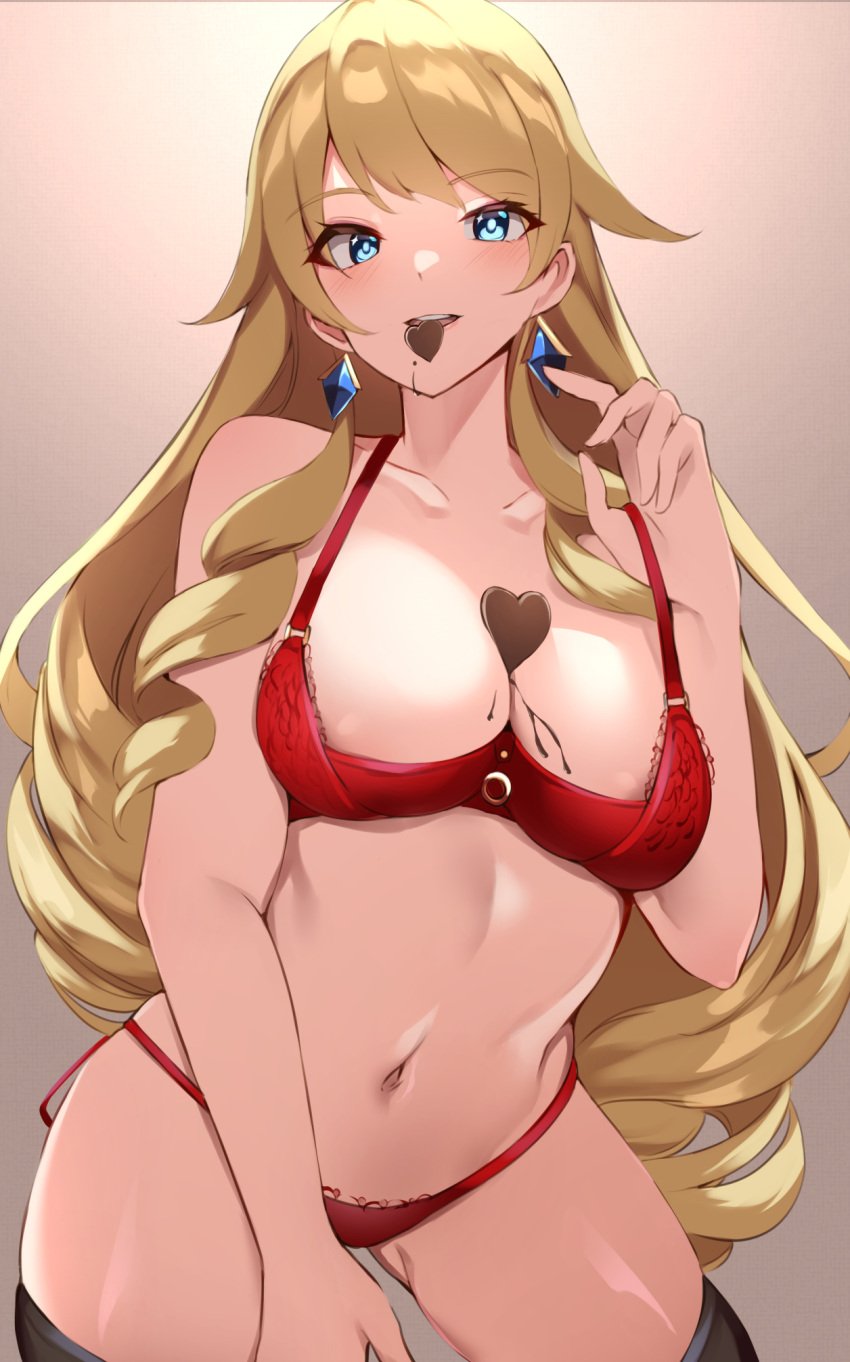 1girls areolae bare_arms bare_midriff bare_shoulders bare_thighs belly belly_button black_thighhighs blonde_female blonde_hair blonde_hair_female blue_eyes blue_eyes_female blush blush_lines bra breasts chocolate chocolate_in_cleavage chocolate_on_body chocolate_on_breasts cleavage collarbone dot_nose drill_hair earrings elbows female female_focus female_only fingers genshin_impact groin hair_between_eyes haneramu heart_chocolate high_resolution highres hourglass_figure light-skinned_female light_skin long_hair looking_at_viewer medium_breasts navel navia_(genshin_impact) panties pink_background red_bra red_panda red_underwear shoulders simple_background smile smiling smiling_at_viewer solo thick_thighs thighhighs thighs underwear upper_body upper_teeth