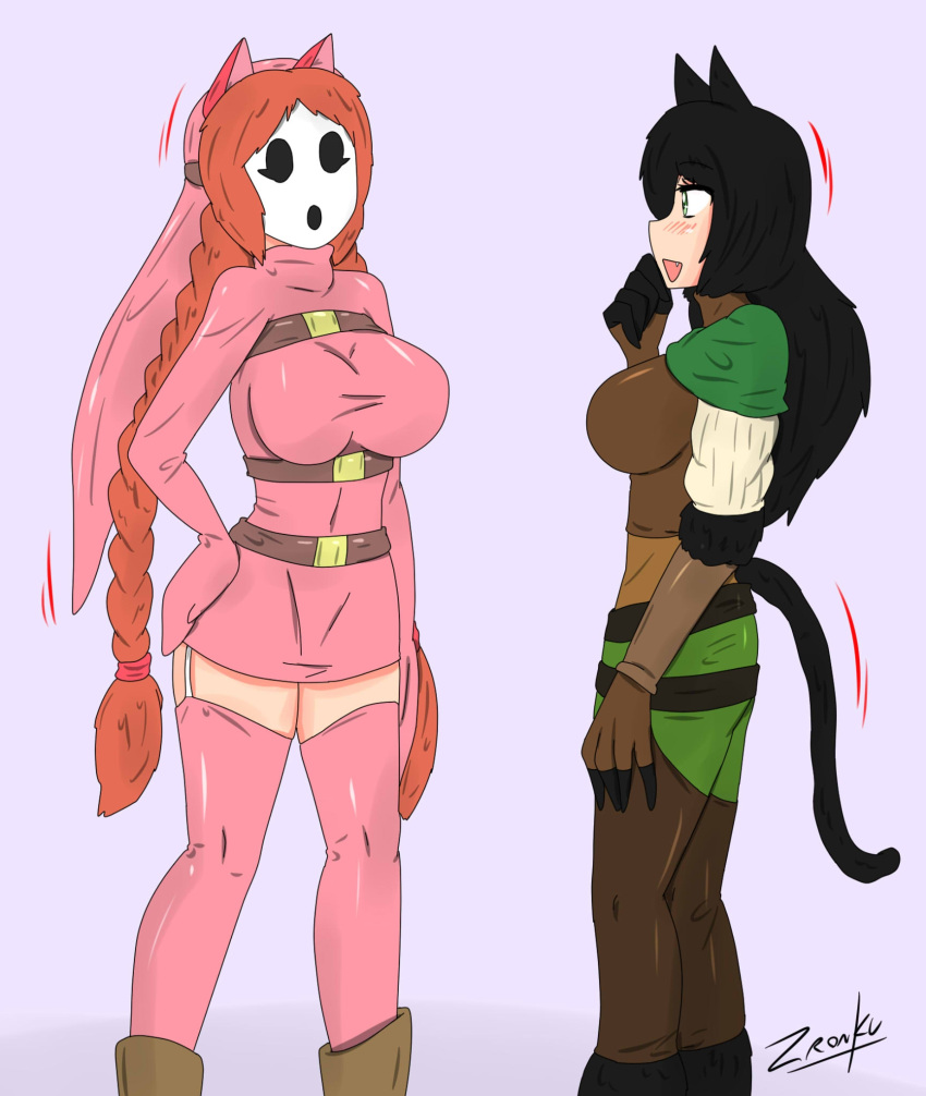 black_hair cat_ears cat_girl cat_tail female female_only femsub kya_(nazwa) mario_(series) mask multiple_girls nintendo orange_hair original post_transformation shy_gal shygalization transformation viltai_(viltai) zronku