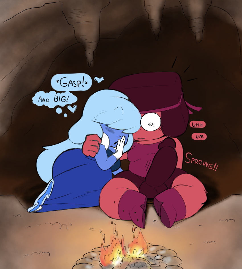 1futa 2girls afro blue_dress blue_hair blue_skin boots bulge_in_pants bulge_through_clothing campfire cartoon_network cave cuddling cyan_hair erect_penis erection erection_under_clothes female futanari gem_(species) hair_over_eyes hand_on_shoulder headband headwear holding holding_each_other long_hair oogabutt red_body red_skin ruby_(steven_universe) sapphire_(steven_universe) shocked smile smiling stalactite steven_universe surprise surprised surprised_expression white_gloves wholesome wide_eyed