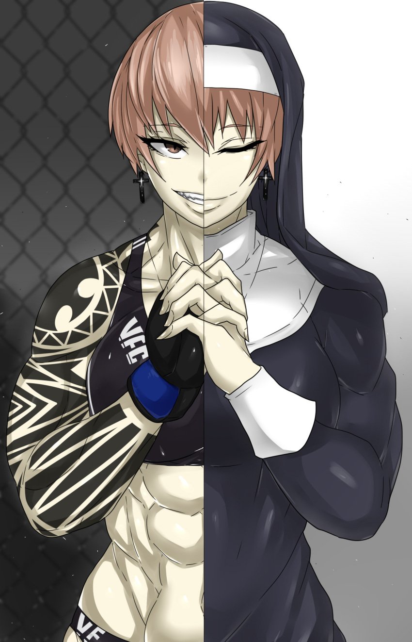 1girls 2020s 2022 2d 2d_(artwork) 5_fingers abs arm_tattoo athletic athletic_female big_breasts breasts brown_eyes brown_hair christian_cross crop_top cross cross_earrings earrings female female_focus female_only fingerless_gloves gloves grin hi_res highres human isabella_(zokusuke) looking_at_viewer muscular_female nun nun_hat nun_outfit oc one_eye_closed original original_character pale-skinned_female pale_skin praying religious_clothing short_hair side_by_side smile smiling smiling_at_viewer solo solo_female sports sports_bra tattoo tomboy zokusuke