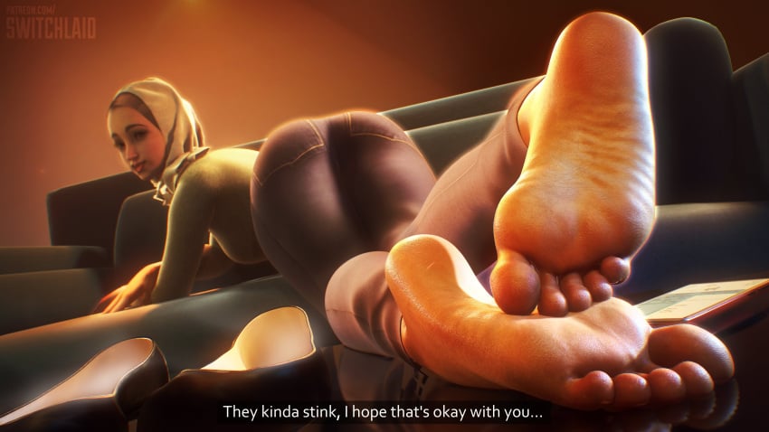 3d ass barefoot clothed couch feet foot_fetish hijab jeans muslim smell soles switchlaid tagme wrinkled_feet