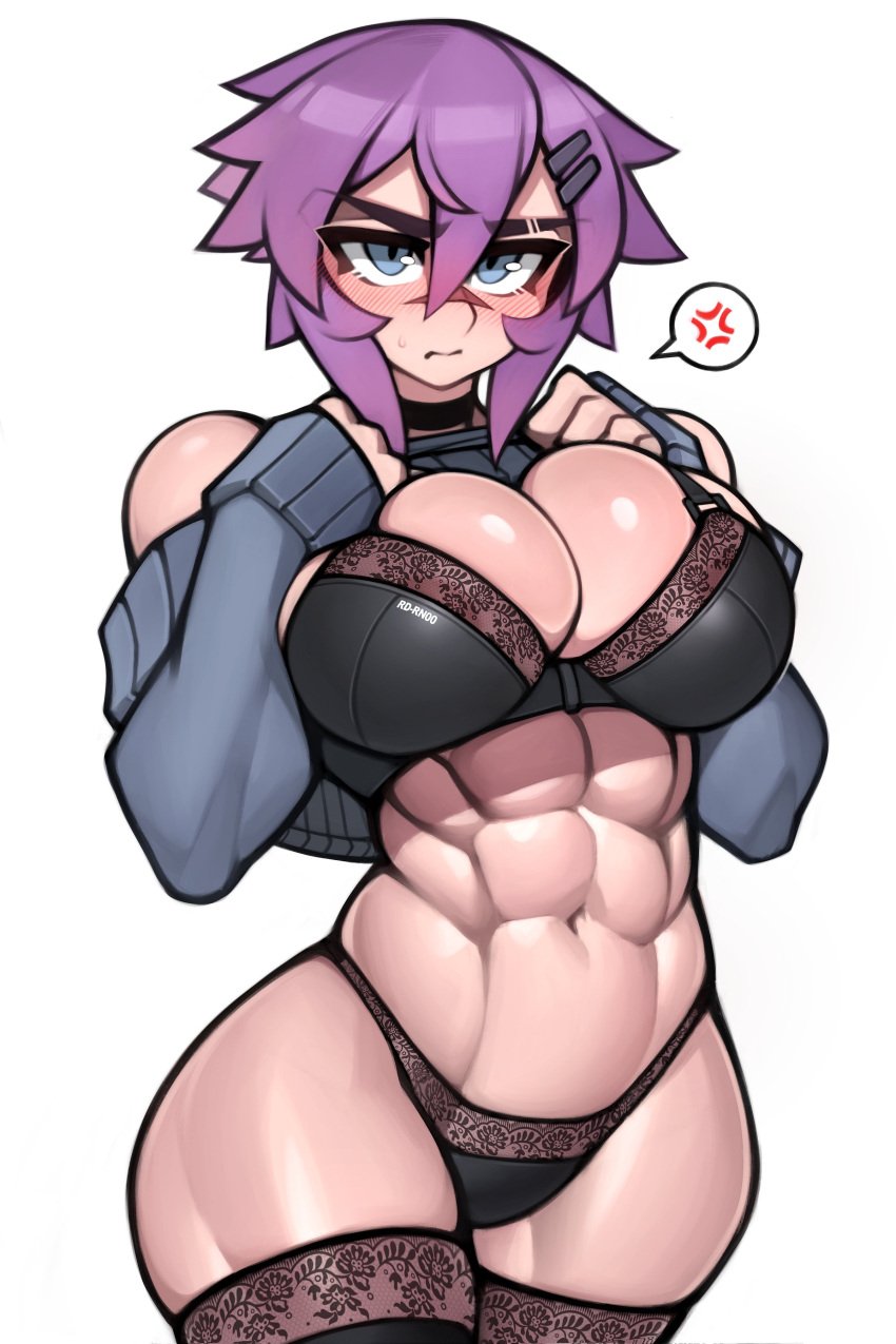 1girls abs angry bare_shoulders bare_thighs big_breasts blue_eyes blush bra clothed clothing color female female_focus female_only hi_res large_breasts light-skinned_female light_skin lingerie looking_at_viewer maya_(roadi3) muscular muscular_female original_character panties purple_hair roadi3 scar short_hair solo solo_female stockings tagme thick_thighs tomboy