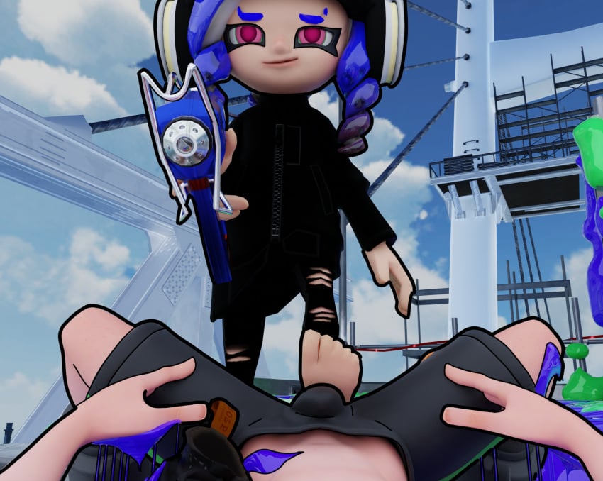 1boy 1girls boot_fetish boots bulge dubious_consent female foot_fetish footjob_over_clothes fossil3d headgear ink inkling_boy male octoling_girl ripped_clothing ripped_pants shoe_fetish shoes shoes_removed shorts smile smiling_at_viewer splatoon splatoon_3 stepped_on tagme