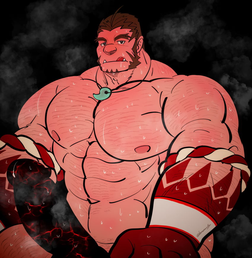 1boy :q absurdres alternate_pectoral_size bara blank_censor censored colored_skin completely_nude cowboy_shot erection forked_eyebrows gradient_skin hachimaki hairy headband highres huge_cock huge_pectorals jewelry large_hands looking_at_viewer magatama magatama_necklace male_focus mature_male muscular muscular_male mutton_chops necklace nejiri_hachimaki nude penis precum precum_drip red_skin short_hair solo sparse_arm_hair sparse_chest_hair strongman_waist sweat taigaabozusukii tajikarao_(tokyo_afterschool_summoners) thick_arms thick_eyebrows tokyo_afterschool_summoners tongue tongue_out tusks veins veiny_penis very_sweaty