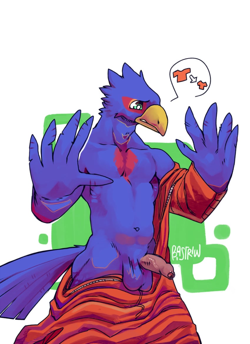 avian bird clothes_falling_off clothing falco_lombardi falcon falconid foreskin furry genitals green_eyes hi_res male nintendo penis simple_background solo star_fox white_background