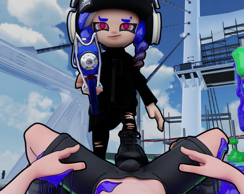 1boy 1girls boot_fetish boots bulge dubious_consent female foot_fetish fossil3d headgear ink inkling_boy male octoling_girl ripped_clothing ripped_pants shoe_fetish shoejob shoes shorts smile smiling_at_viewer splatoon splatoon_3 stepped_on tagme