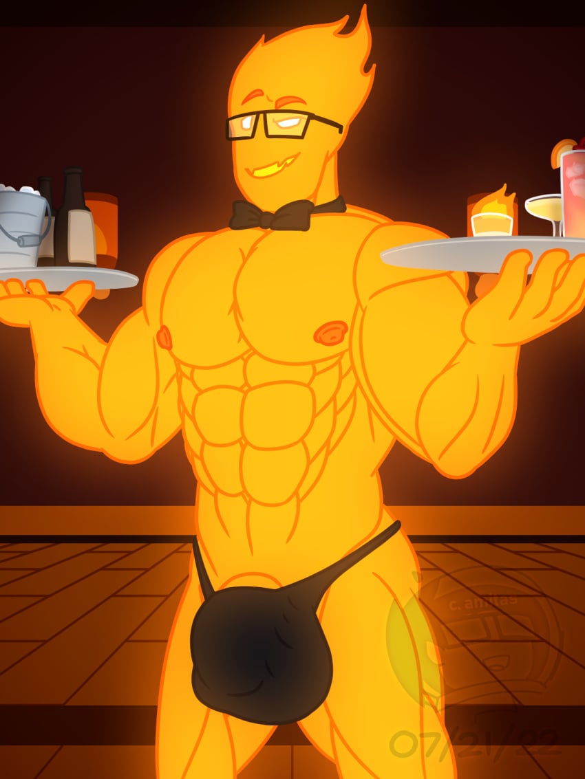 1boy 2d abs alternate_version_at_source alternate_version_available bowtie bulge elemental_creature elemental_humanoid fire fire_elemental glasses glasses_on_head grillby iwtbat_(artist) looking_at_viewer male male_only muscular muscular_male nipples pecs pinup public solo speedo undertale undertale_(series) underwear underwear_bulge watermark