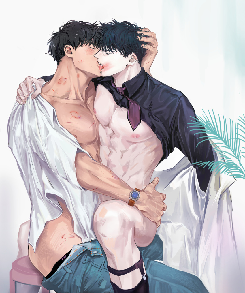 ass_grab bite_mark bite_marks character_request closed_eyes eyes_closed garter_straps gay holding_head huchuchu030 kissing loose_clothes mignon_(anime) mignon_(character) mignon_bl muscular_male nipples no_visible_genitalia oh_young-one_(character) on_lap open_shirt sharp_teeth sitting_on_lap sock_garters tongue_out vampire watch yaoi