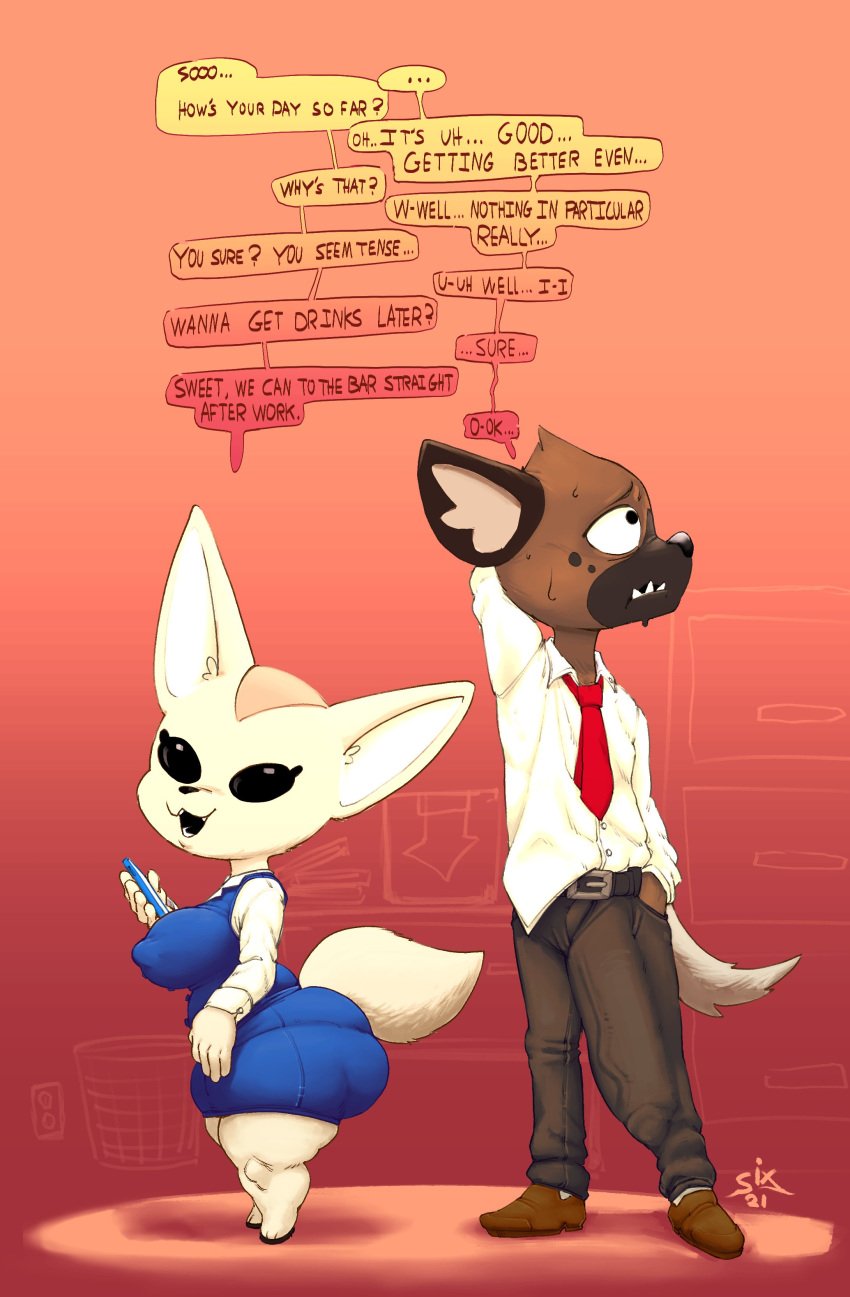 ... absurd_res aggressive_retsuko aggretsuko anthro ass belt big_breasts big_bulge big_butt big_penis black_eyes bottomwear breasts brown_body bulge bulge_down_leg canid canine clothed clothing dress dress_shirt duo english_text erection erection_under_clothing female fennec fenneko footwear fox genitals haida haida_(aggretsuko) hand_behind_head hand_in_pocket hi_res holding_object holding_phone huge_bulge huge_butt huge_cock hyaenid large_penis larger_male long_penis male mammal necktie nipple_outline office_clothing office_lady open_mouth pants penis penis_to_the_knees phone pockets question_mark sanrio shirt shoes sixsidesofmyhead size_difference smaller_female smooth_fur speech_bubble spotted_hyena text thick_thighs topwear white_body