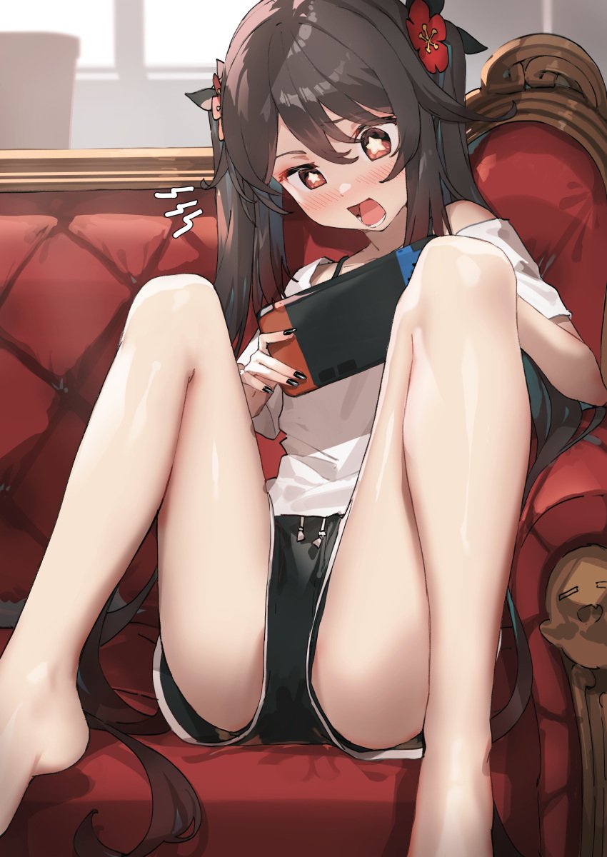 1girls bare_legs barefoot blush brown_hair casual clothing couch feet female female_focus female_only flower flower-shaped_pupils fully_clothed gamer_girl genshin_impact hi_res hu_tao_(genshin_impact) legs legs_apart nintendo_switch on_couch open_mouth playing_videogame red_eyes shorts sitting spread_legs symbol-shaped_pupils twintails xkirara39x