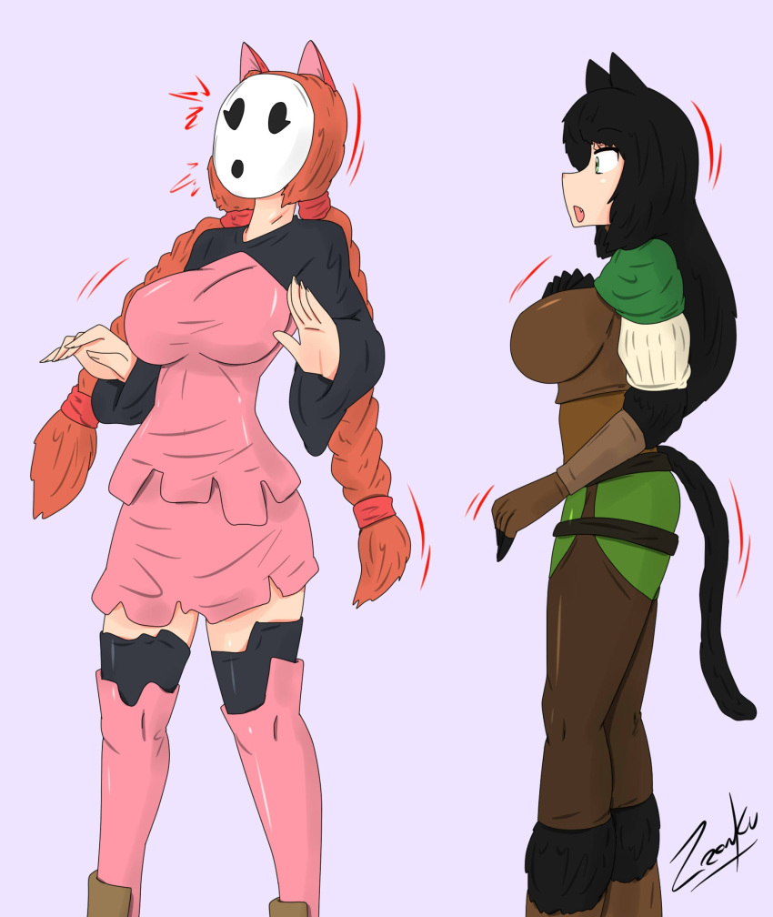 black_hair cat_ears cat_girl cat_tail female female_only femsub kya_(nazwa) mario_(series) mask mid-transformation multiple_girls nintendo orange_hair original shy_gal shygalization transformation viltai_(viltai) zronku